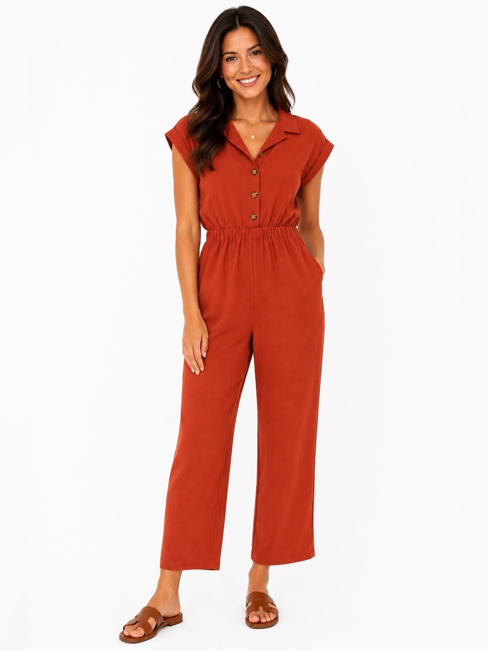 No Boundaries Rust Short-Sleeve Button-Front Jumpsuit